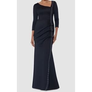 Xscape Ruched Black Gown Dress Size 4 NWT Ruffle Design Beaded Embellishments